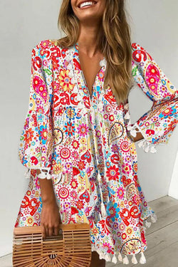 Stylish Floral Print Tassels Baggy Dress