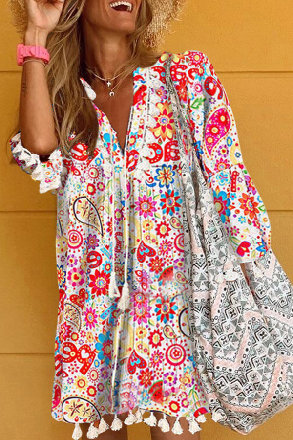 Stylish Coloful Floral Print V-Neck Midi Dress