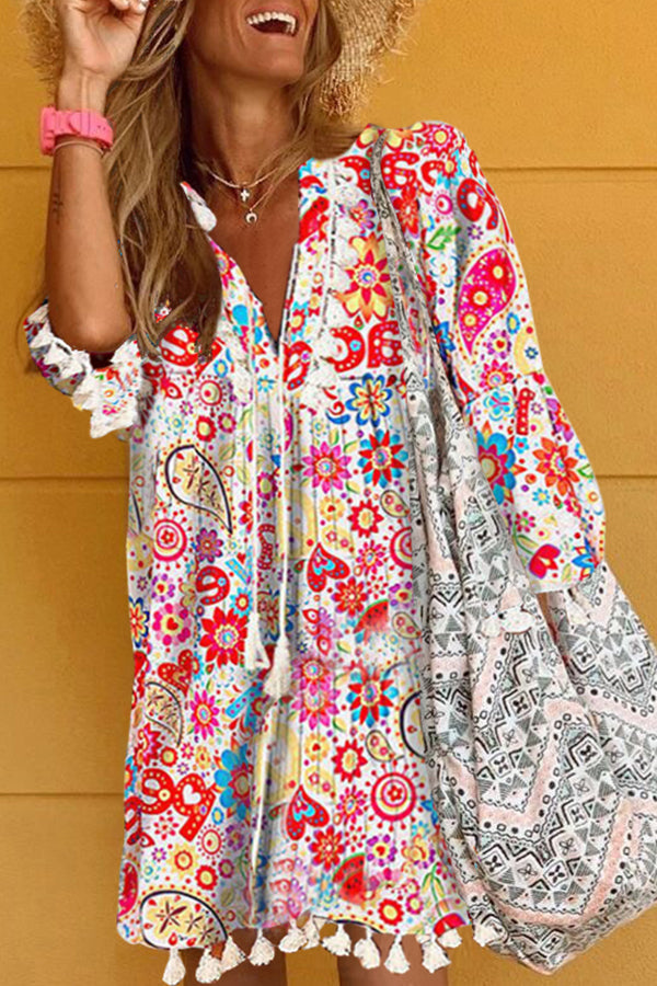 Stylish Coloful Floral Print V-Neck Midi Dress