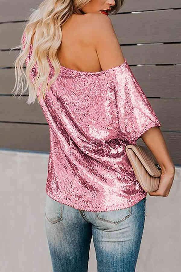 Sequin Off Shoulder Short Sleeve Top